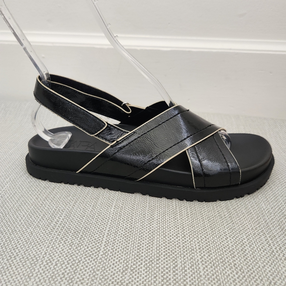 Zara black patent cross strap slingback open toe sandals